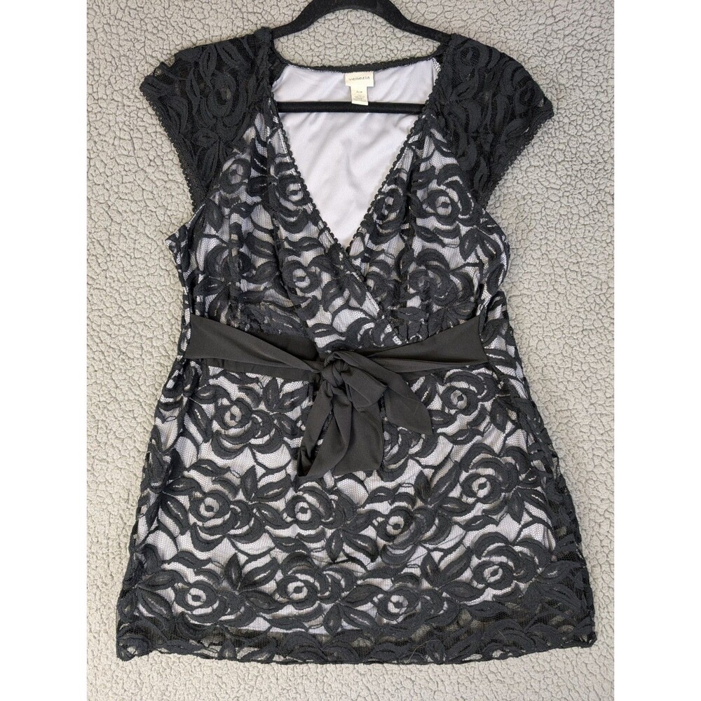 Vintage Venezia Black Lace Babydoll V Neck Top Lined Size 14/16 Y2K Romantic